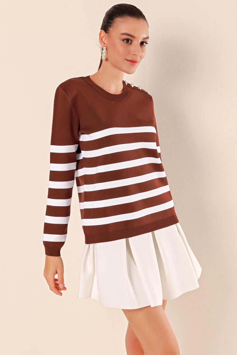 Bigdart 15820 Button Detail Striped Sweater - Brown