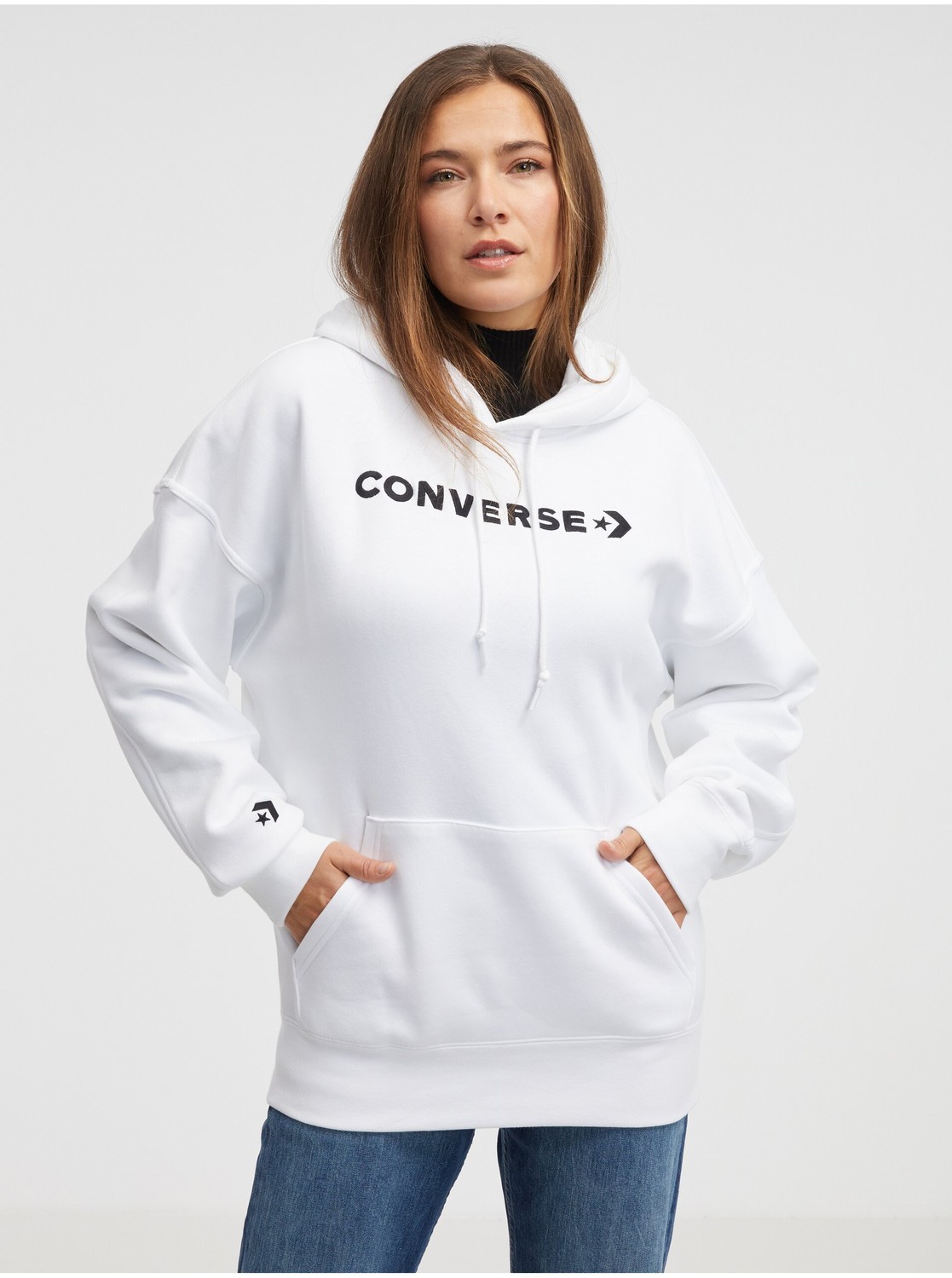 Bílá dámská mikina s kapucí Converse Embroidered Wordmark - Dámské