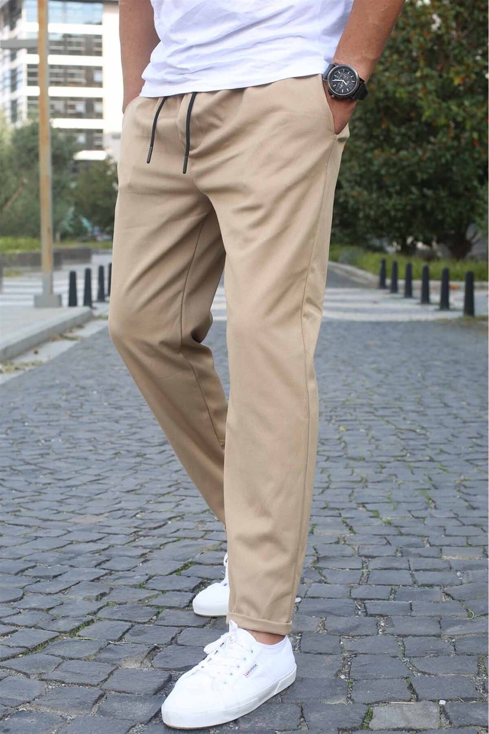 Madmext Beige Basic Jogger Trousers 5486