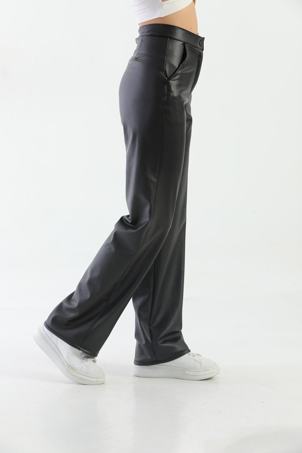 BİKELİFE Women's Black Leather High Waist Wide Legs Lined Trousers.