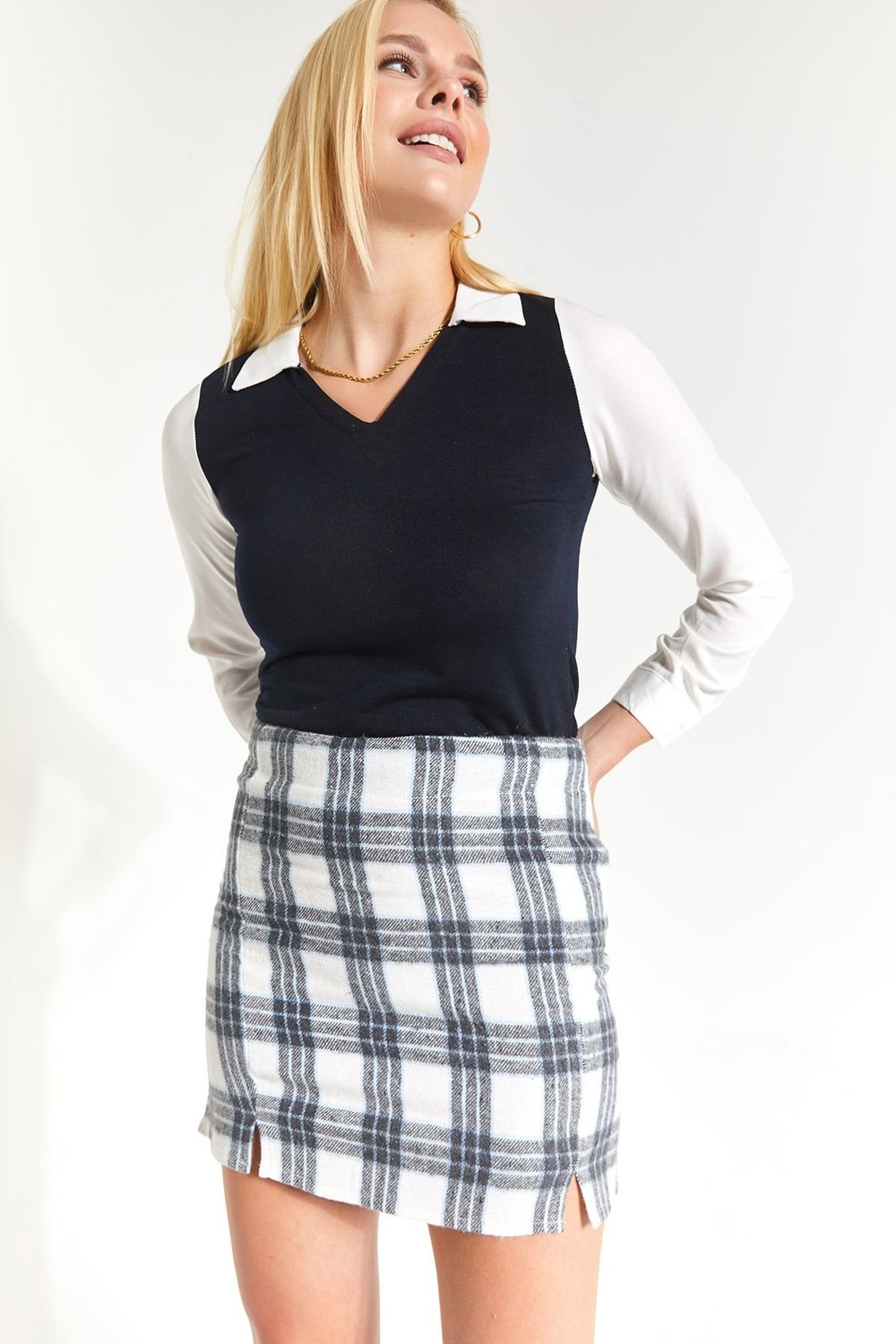 armonika Women's Baby Blue Checkered Stitched Slit Mini Skirt