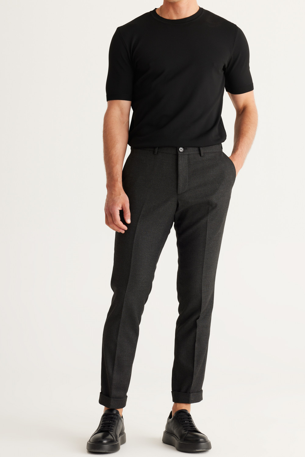 ALTINYILDIZ CLASSICS Men's Anthracite Slim Fit Slim Fit Trousers with Eyelet Pattern, Flexible Waist, Elastic Tie Trousers.