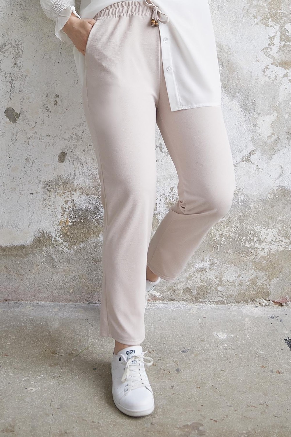 InStyle Lycra Double Fabric Trousers with Elastic Waist - Stone
