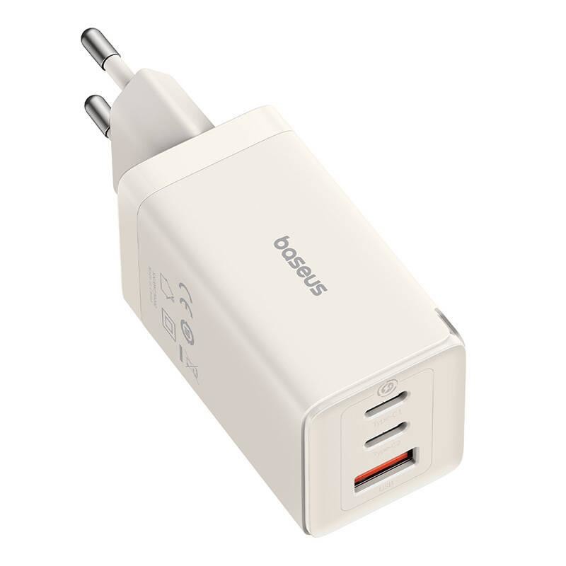 Síťová nabíječka Baseus GaN5, 2x USB-C + USB, 65W + 1m kabel (bílá)