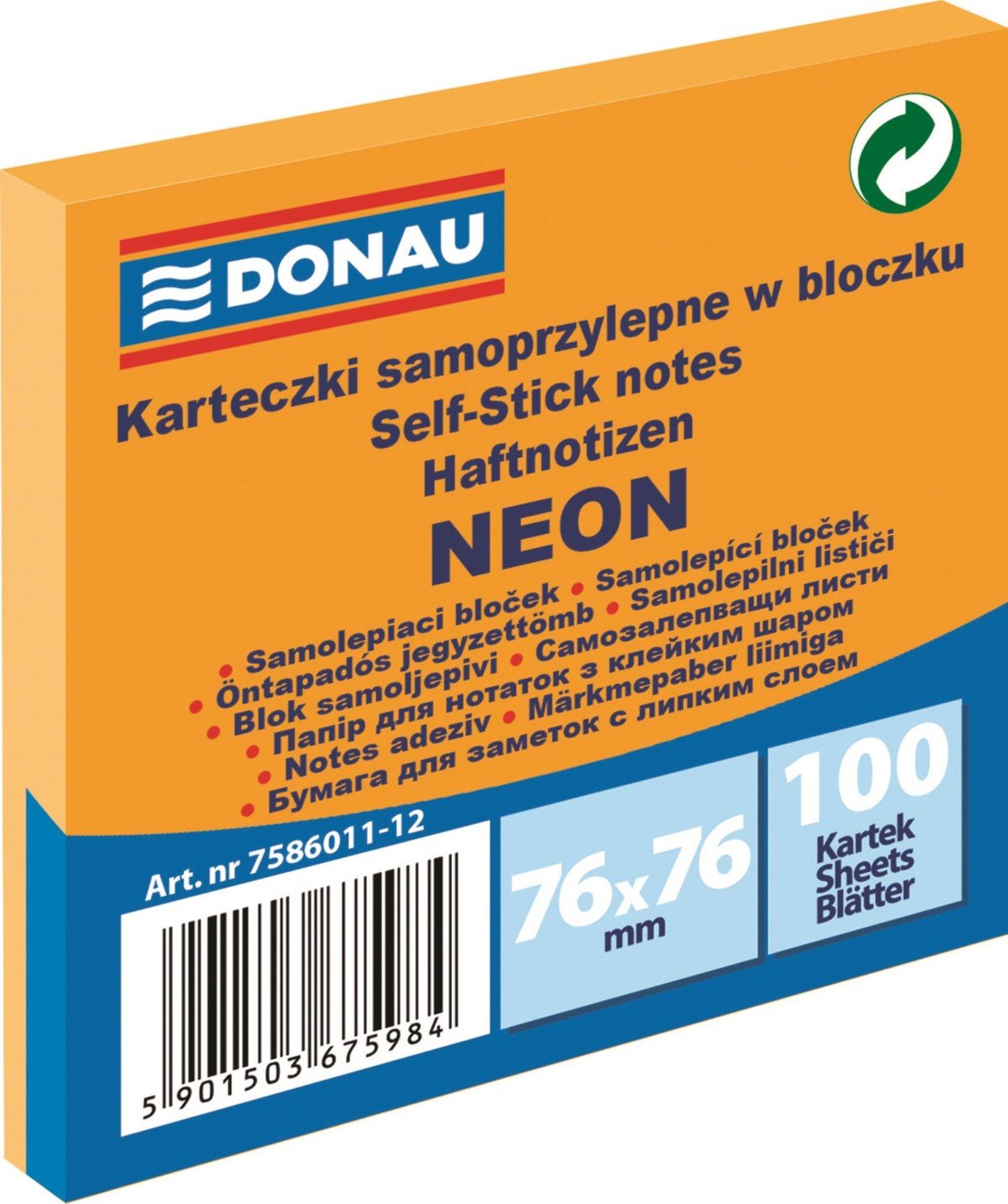 Samolepicí bloček Donau - 76 x 76 mm, neonový oranžový, 100 lístků