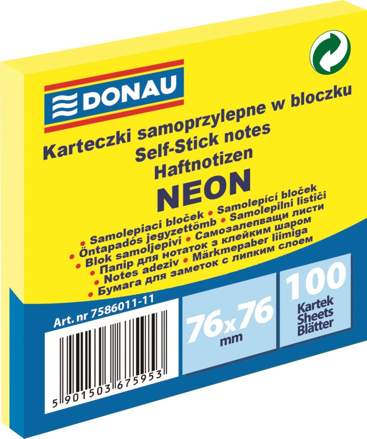 Samolepicí bloček Donau - 76 x 76 mm, neonový žlutý, 100 lístků