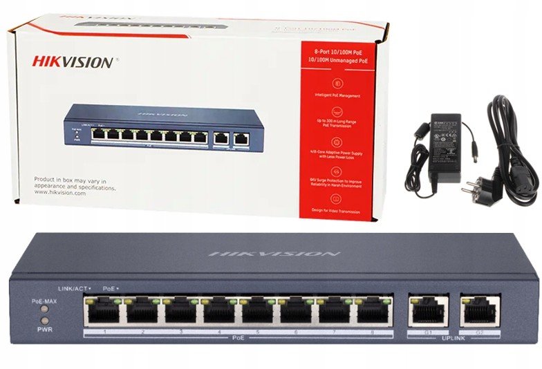 Switch PoE 8x PoE pro kamery Hikvision 60W 10/100Mb