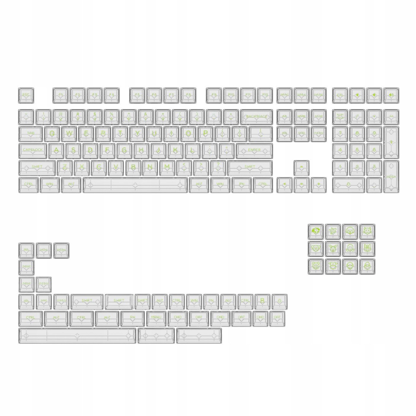 Akko Asa Clear Keycaps Pbt 155 Pc kláves Full Transparent Green Chracter