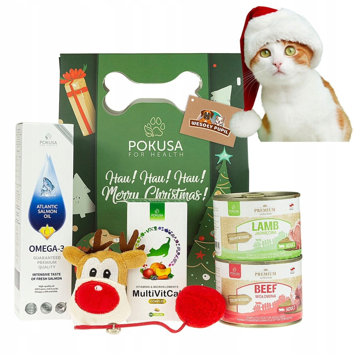 dárek k Vánocům pro kočky, Vánoční sada: olej hračka krmivo vitamíny