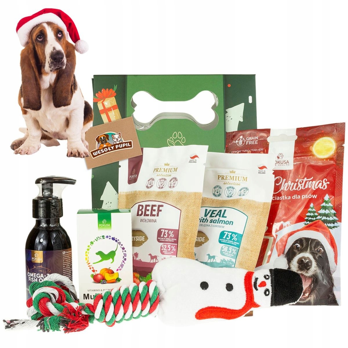 dárek k Vánocům pro psa, sada Vánoční pamlsky olej hračka vitamíny
