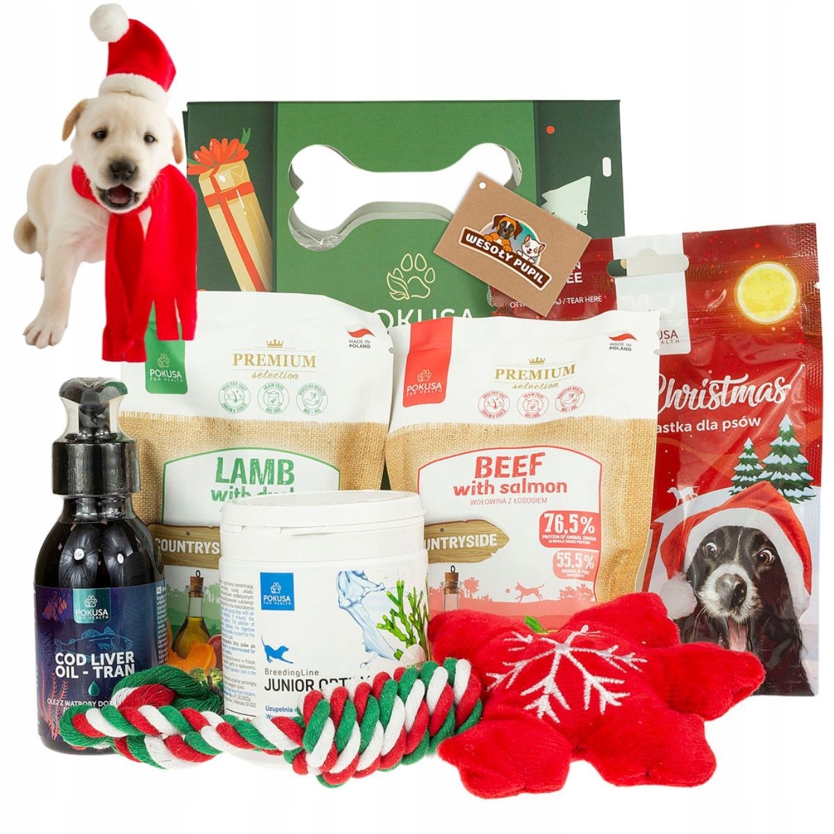 dárek k Vánocům pro štěně, sada Světový olej hračka vitamíny