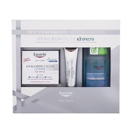 Eucerin Hyaluron-Filler + 3x Effect sada denní pleťový krém Hyaluron-Filler 3x Effect 50 ml + micelární voda DermatoClean Hyaluron Micellar Water 100 ml + oční krém Hyaluron-Filler 3x Effect 15 ml pro ženy