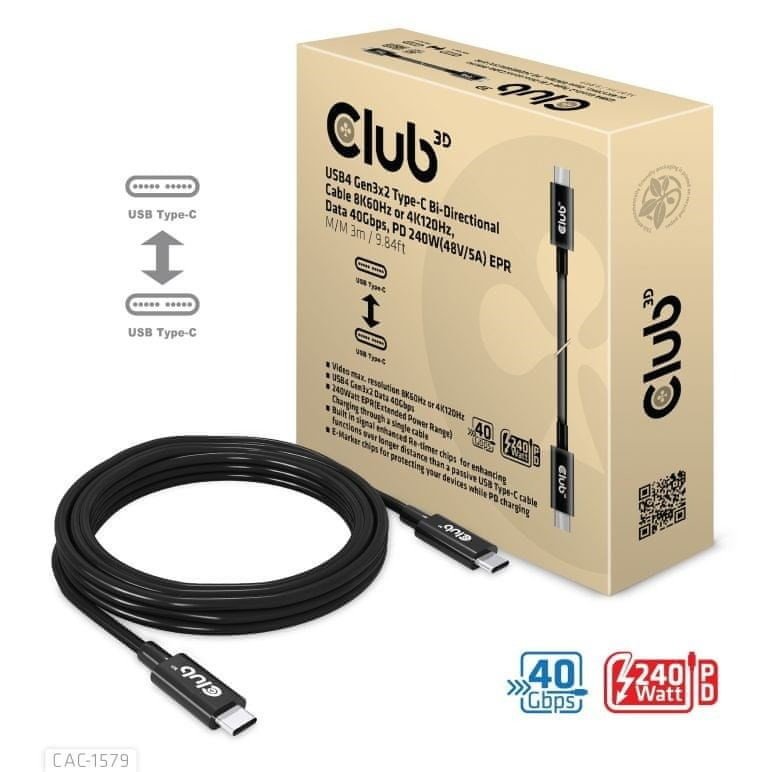 Club 3D Kabel USB4 Gen3x2 Typ C 8K60Hz UHD Power Delivery 240W, (M/M), 300cm (CAC-1579)