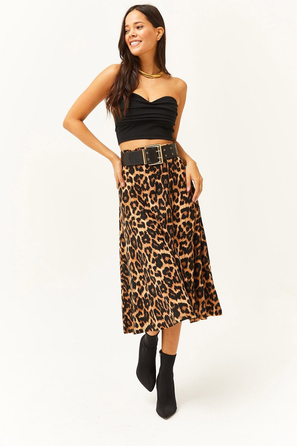 Olalook Women's Beige Leopard Elastic Waist Suede Textured A-Line Skirt