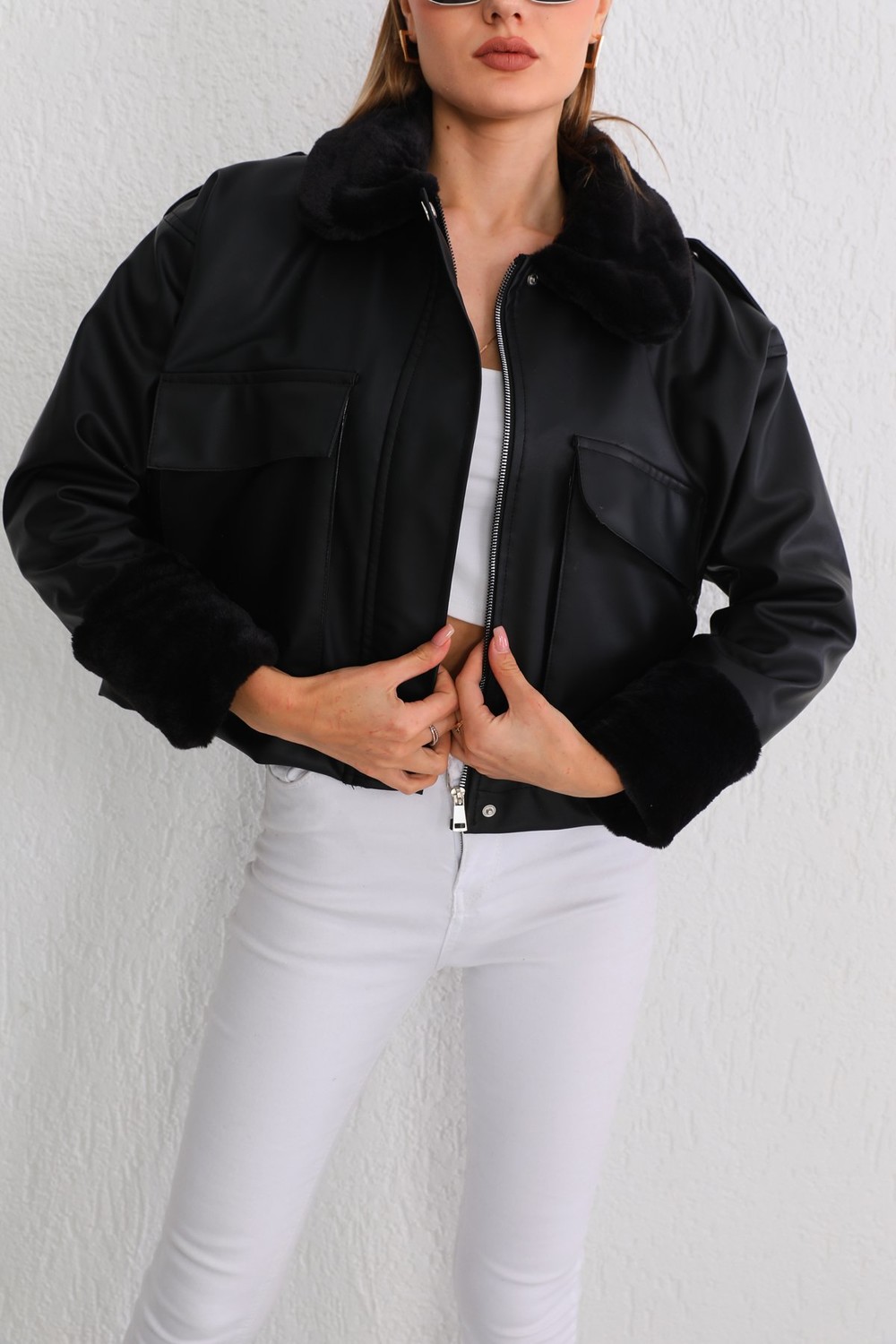BİKELİFE Women's Silk Oversize Pocket Detailed Leather Elastic Waist Coat