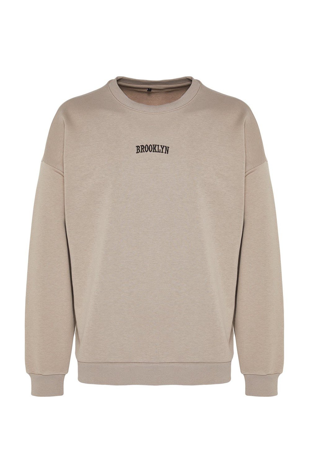 Trendyol Men's Mink Oversize/Wide-Fit Crew Neck Brooklyn City Text Embroidered Thick Cotton Sweatshirt