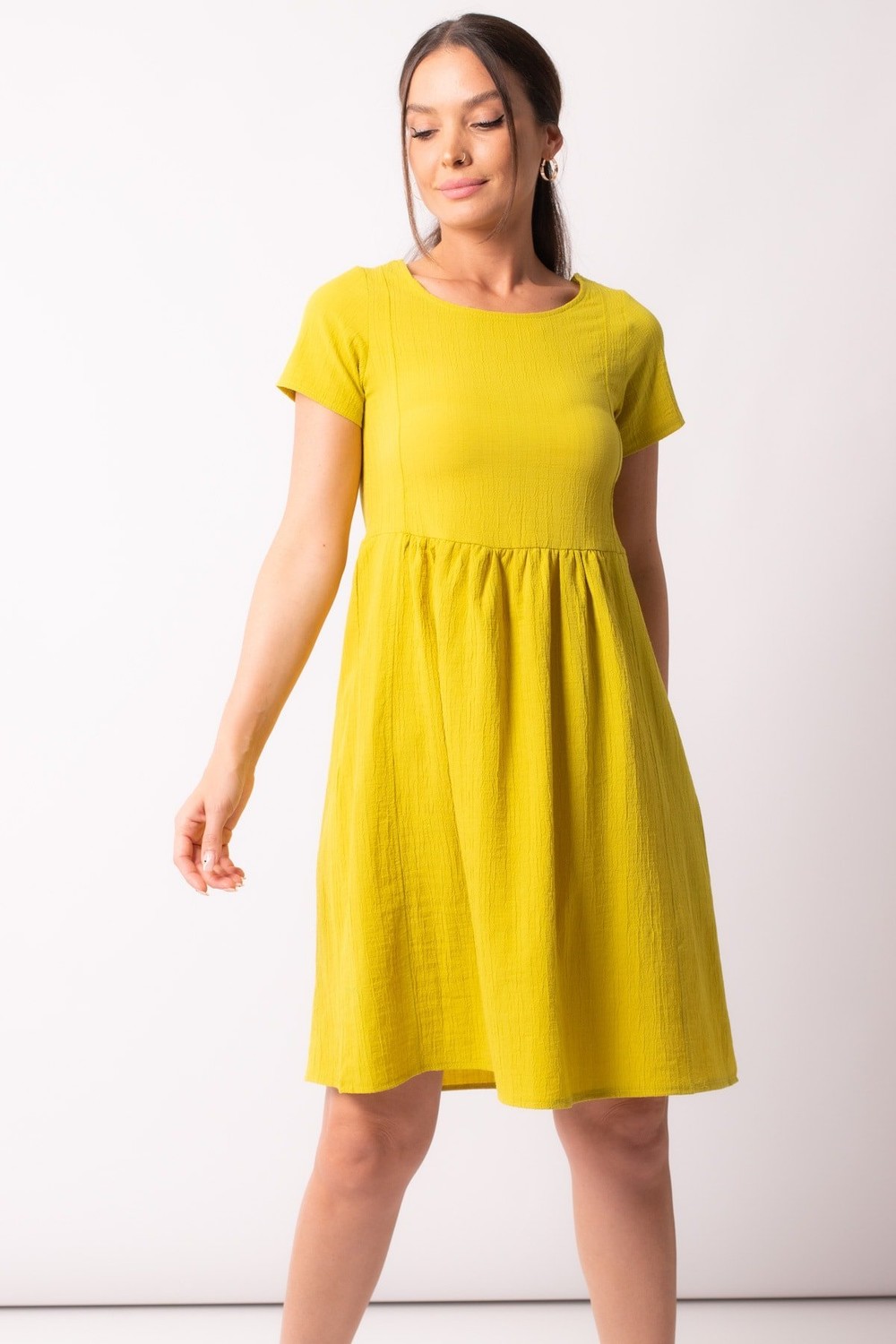 armonika Women's Oil Green Decollete Decollete Elastic Detail Short Sleeve Dress