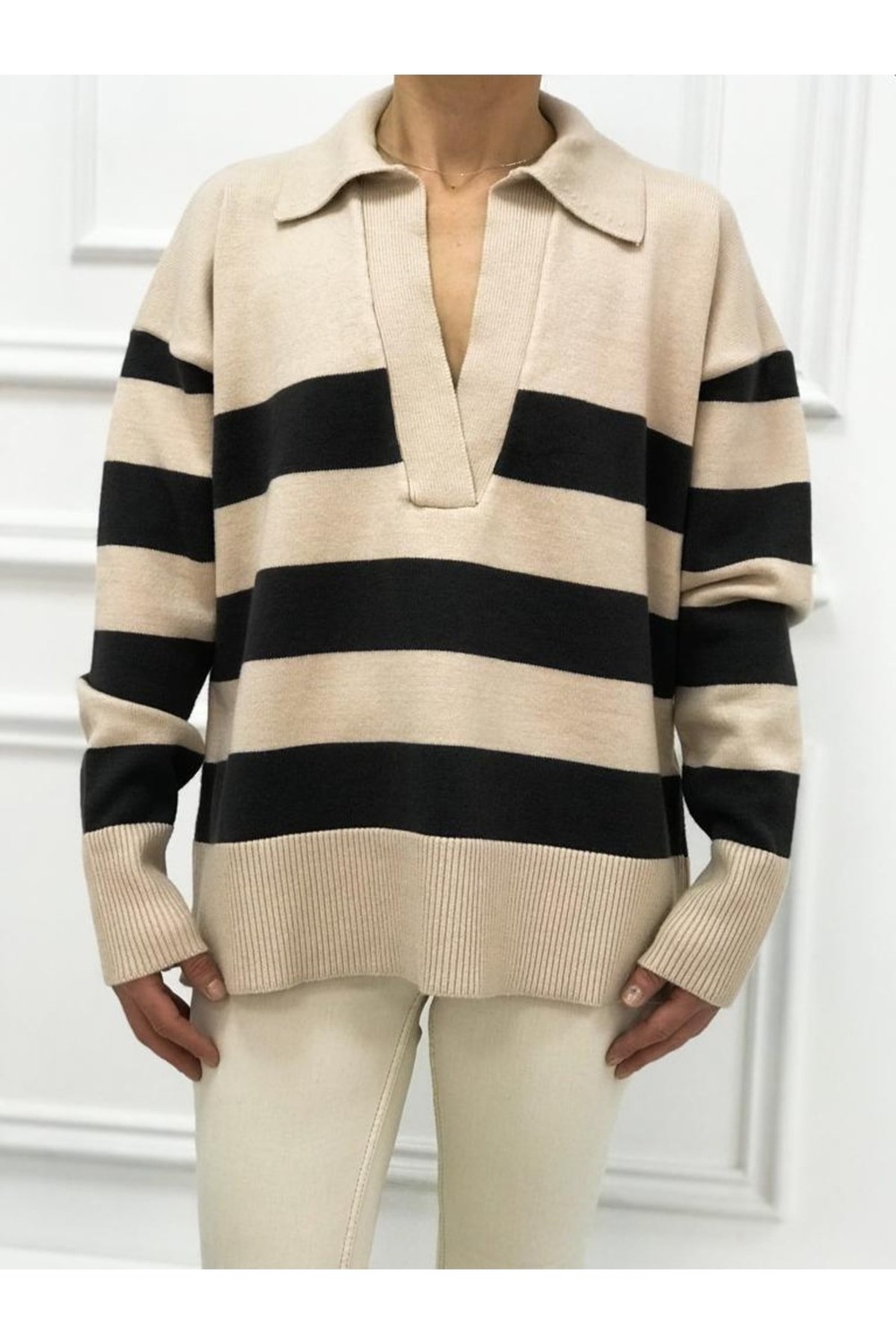 Dilvin 10325 Polo Neck Striped Sweater