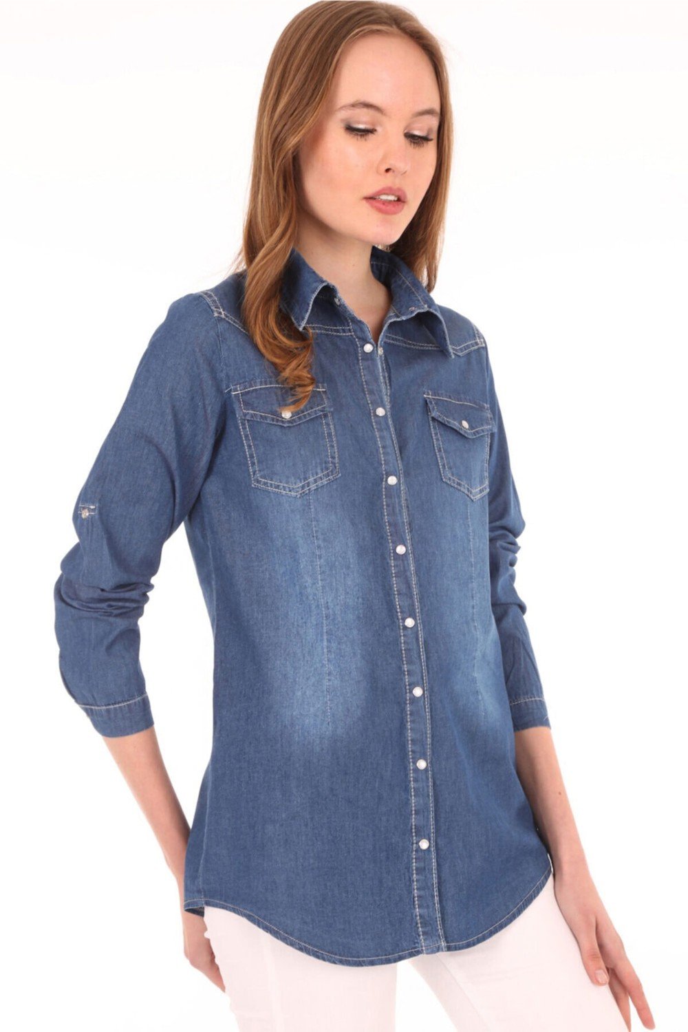 Bigdart 3411 Double Pocket Denim Shirt with Snap Fastener