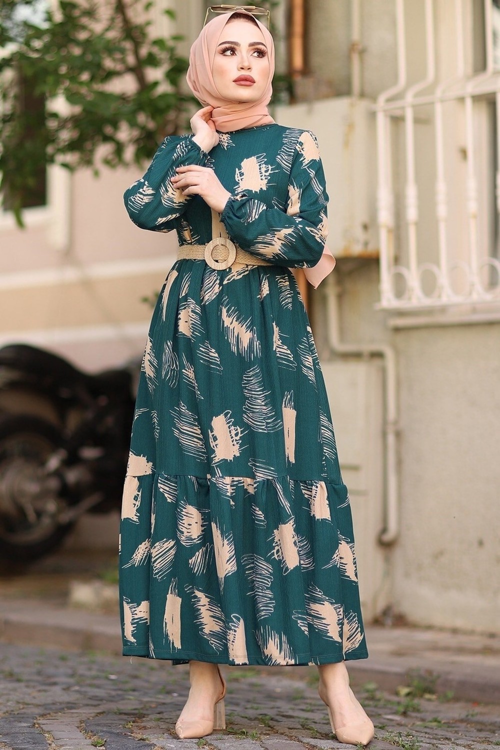 InStyle Brush Patterned Hijab Dress with a Belt - Petrol Green