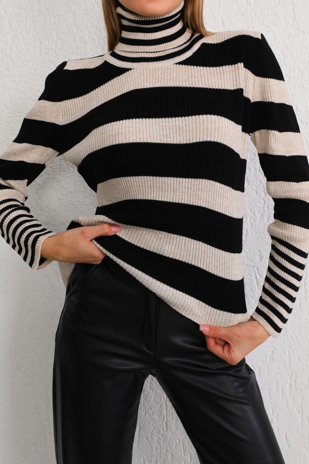 BİKELİFE Women's Stone Striped Soft Textured Lycra Basic Knitwear Sweater