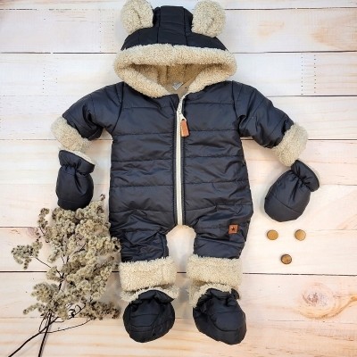 Zimní prošívaná kombinéza s kožíškem a kapucí + rukavičky + botičky, Z&Z - černá, vel. 56 (1-2m)