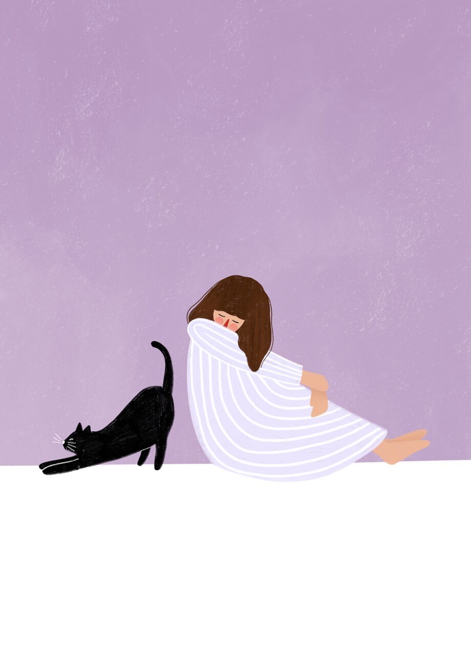 Bea Muller Ilustrace Girl and Cat, Bea Muller, (30 x 40 cm)