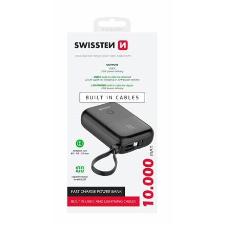 SWISSTEN POWER BANK 10000 mAh 22,5W WITH BUILT-IN CABLES USB-C AND LIGHTNING