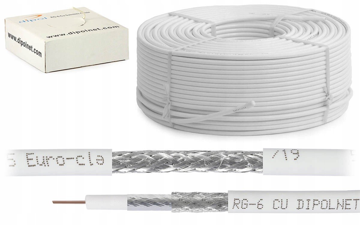 Anténní koaxiální kabel RG-6 měď Pe bílý vnitřní 50m Dipolnet