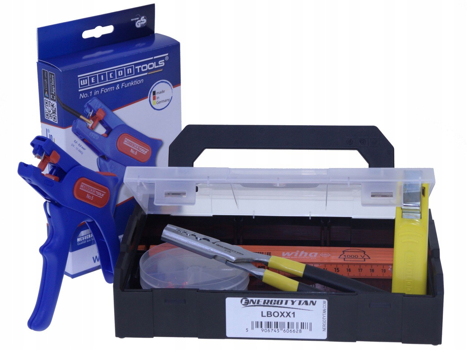 Svěrák na pouzdra, stahovák izolace Weicon, nůž na kabely, odměrka Wiha