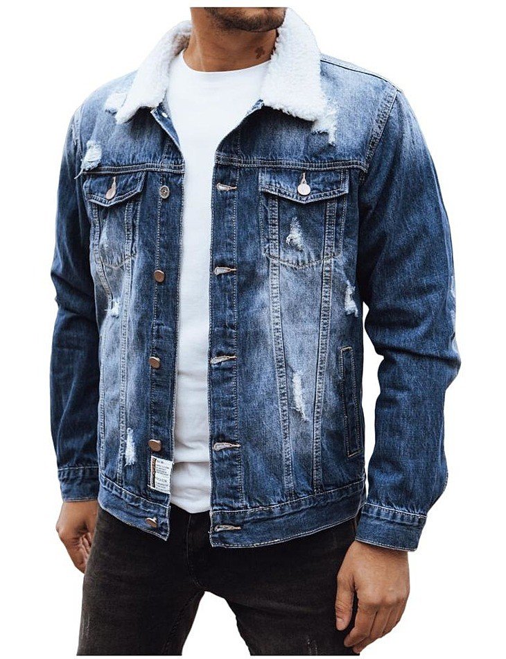Modrá džínová bunda s beránkovým límcem