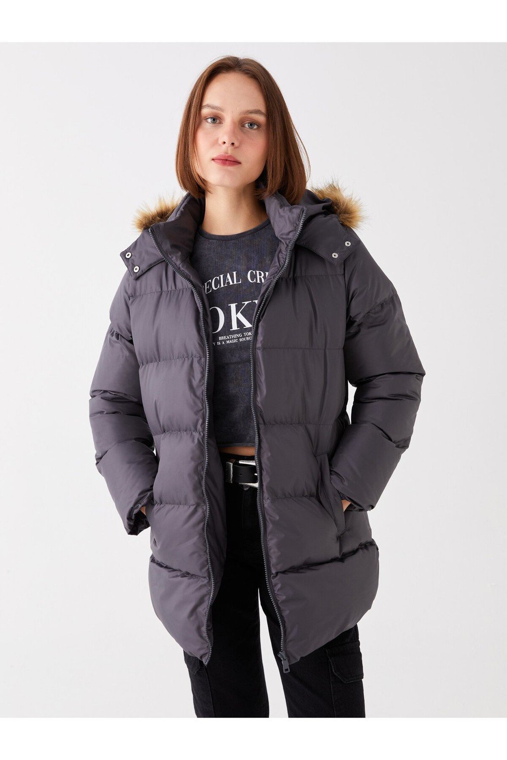LC Waikiki Women's Hooded Plain Puffer Coat