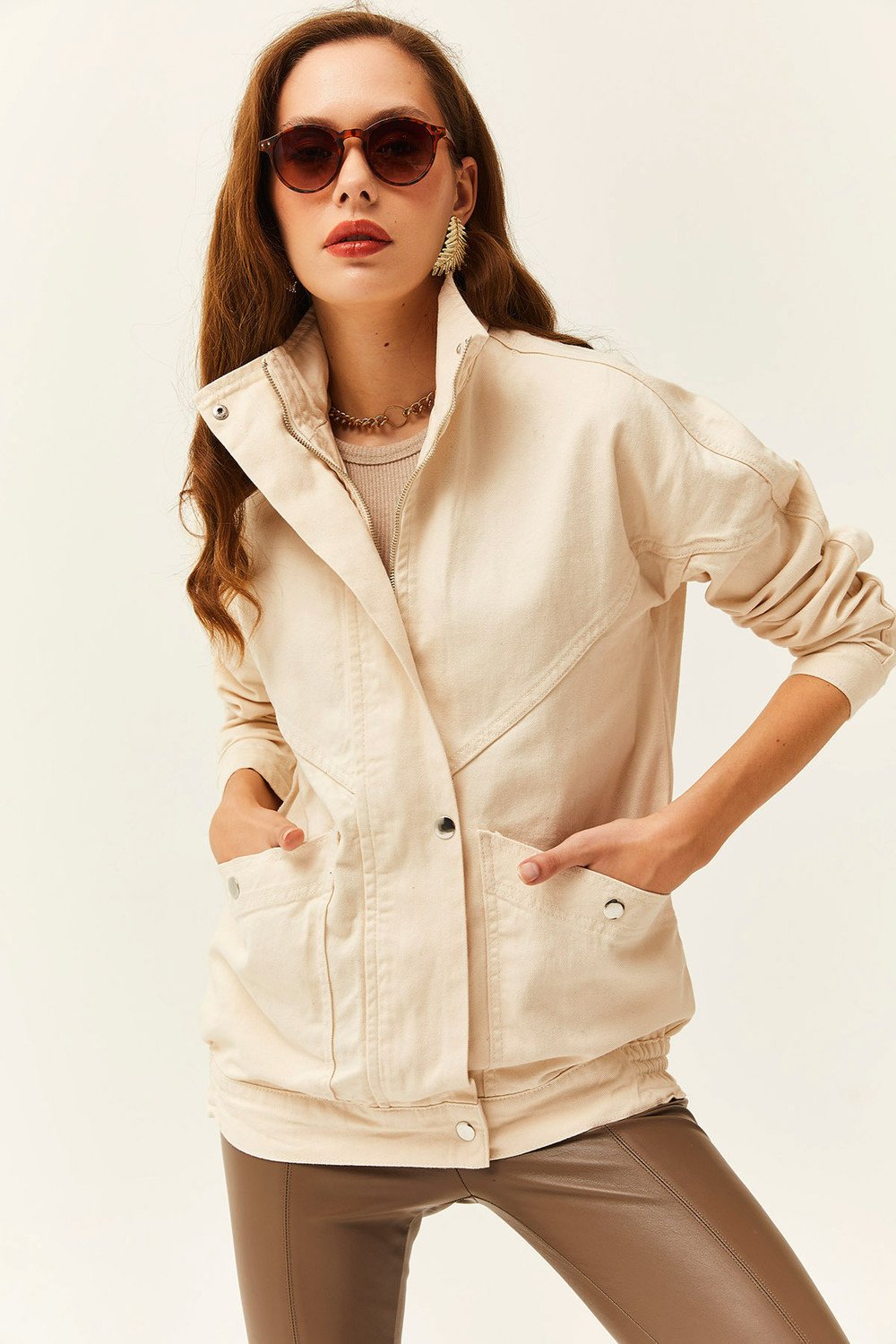 Olalook Women's Stone Pocket Zippered Long Denim Jacket