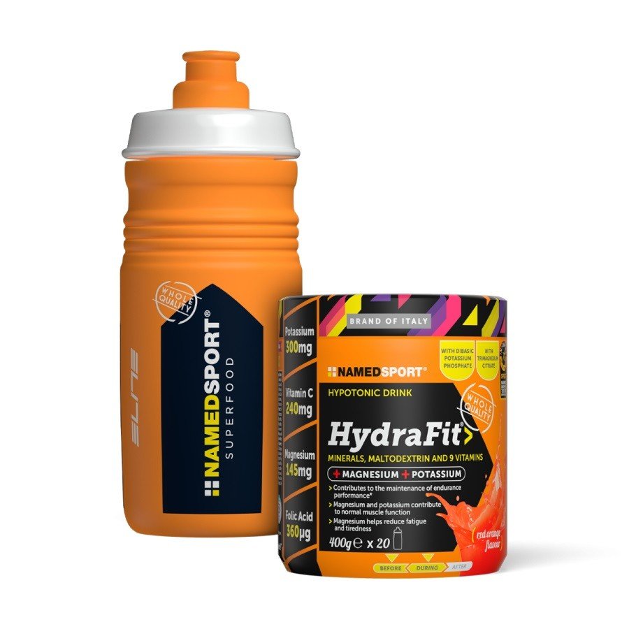 NAMEDSPORT Hydrafit 400 g + bidon 550 ml, prášek pro přípravu hypotonického elektrolytického nápoje, Červený pomeranč