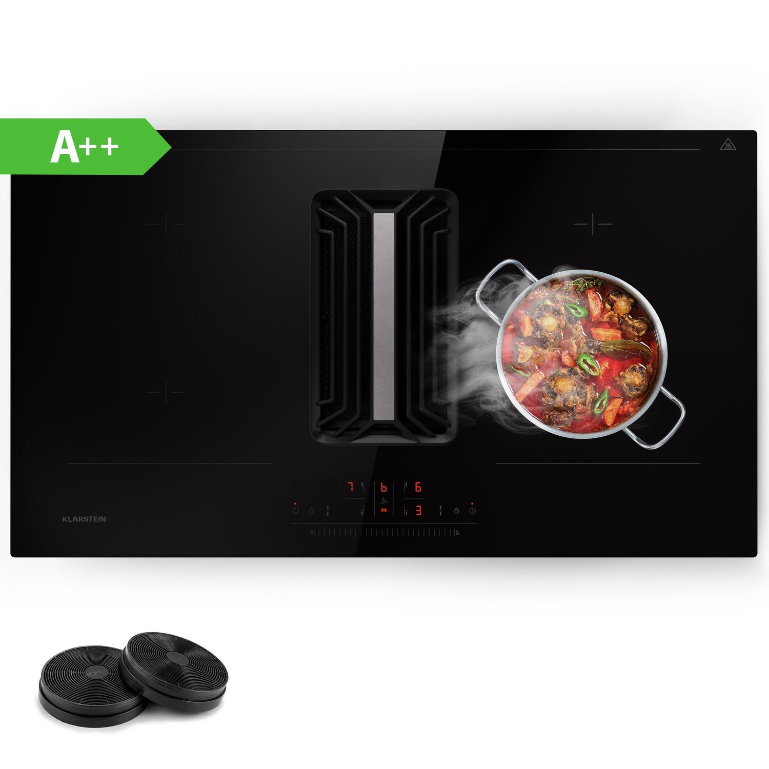 Klarstein AirJet 90, Down Air System, indukční varná deska, zabudovaná digestoř DownAir, 754 m³/h, energetická třída A++