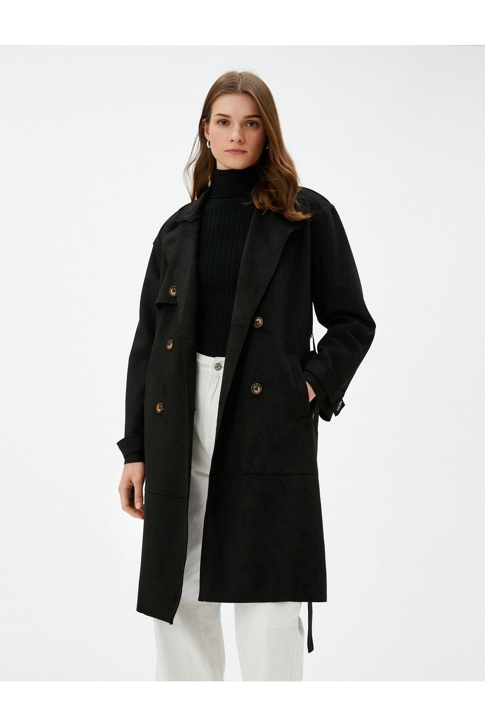 Koton Double Breasted Trench Coat Buttoned Waist Belt, Pockets.