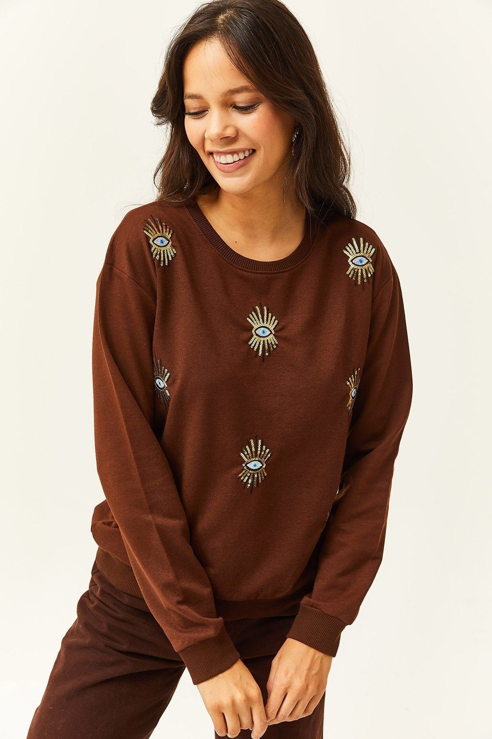 Olalook Women's Bitter Brown Eye Embroidered Seasonal Sweatshirt