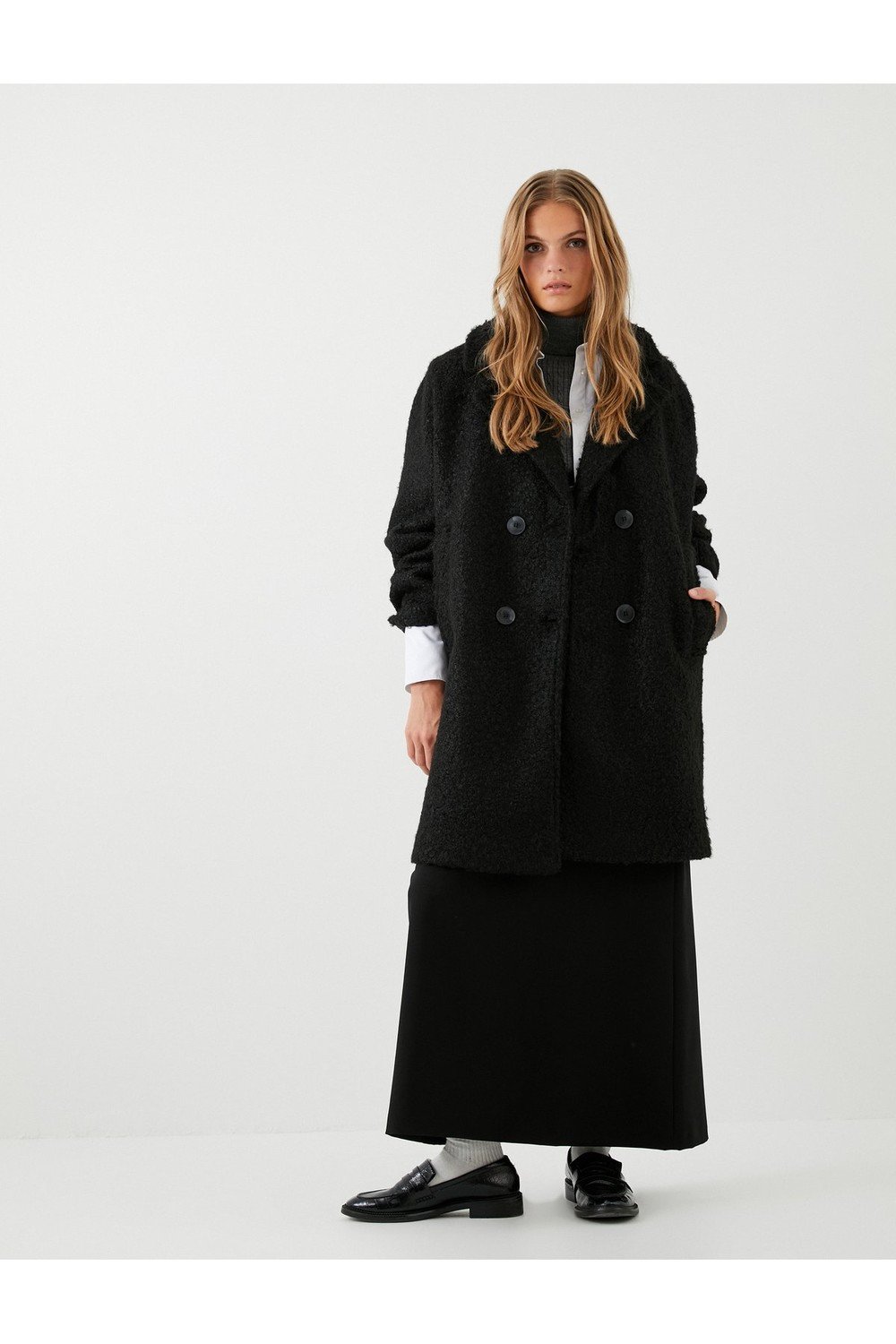 Koton Boucle Coat Double Breasted Buttoned Pocket Slit Detailed