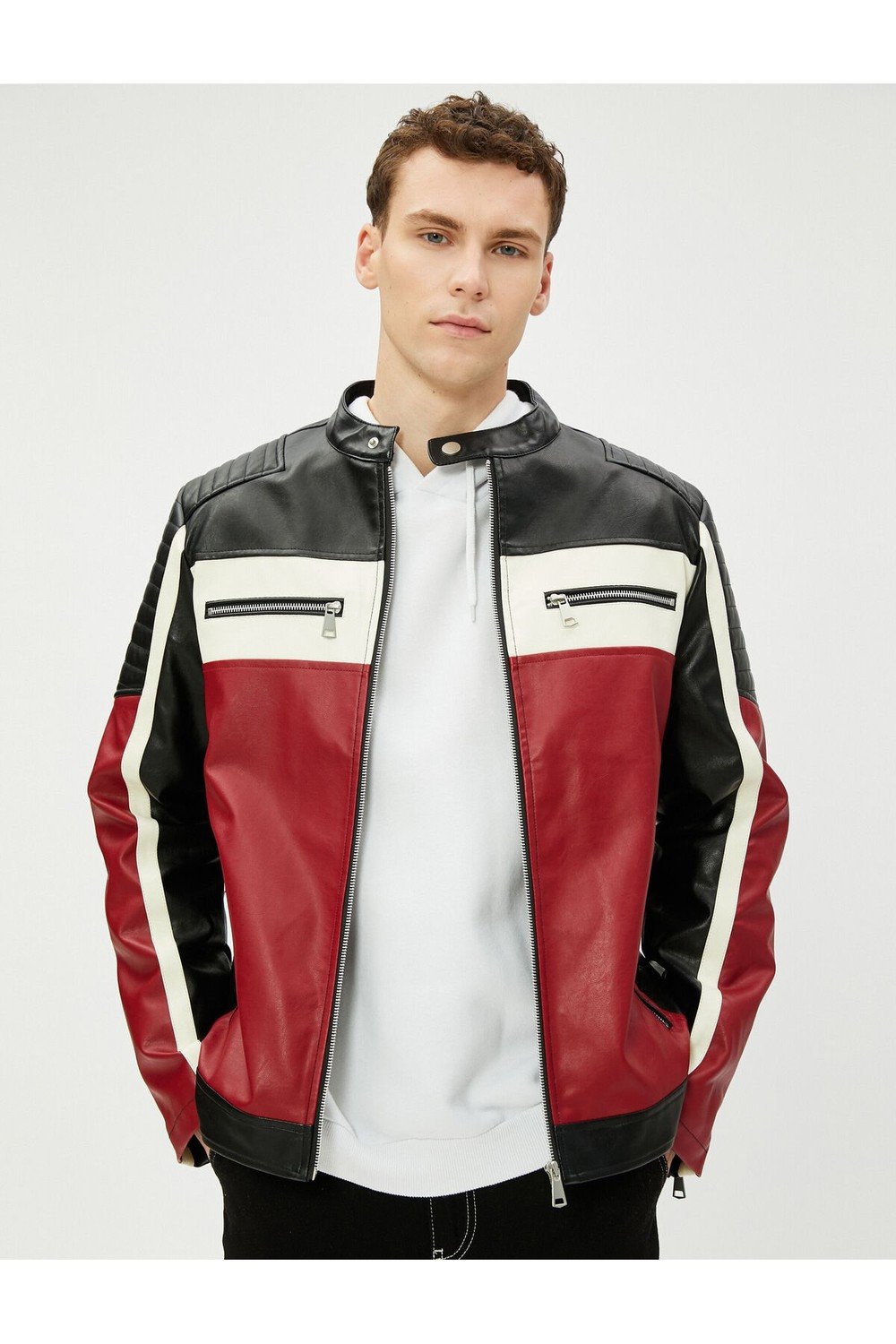 Koton Leather Look Jacket Round Neck Zipper Pocket Detailed