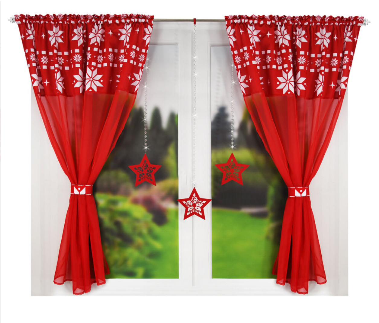 Vánoční SET 2 KUSY dekorační krátká záclona s tunýlkem a řasící páskou NATALY červená 2x145x160 cm MyBestHome Cena je za 2 kusy záclon