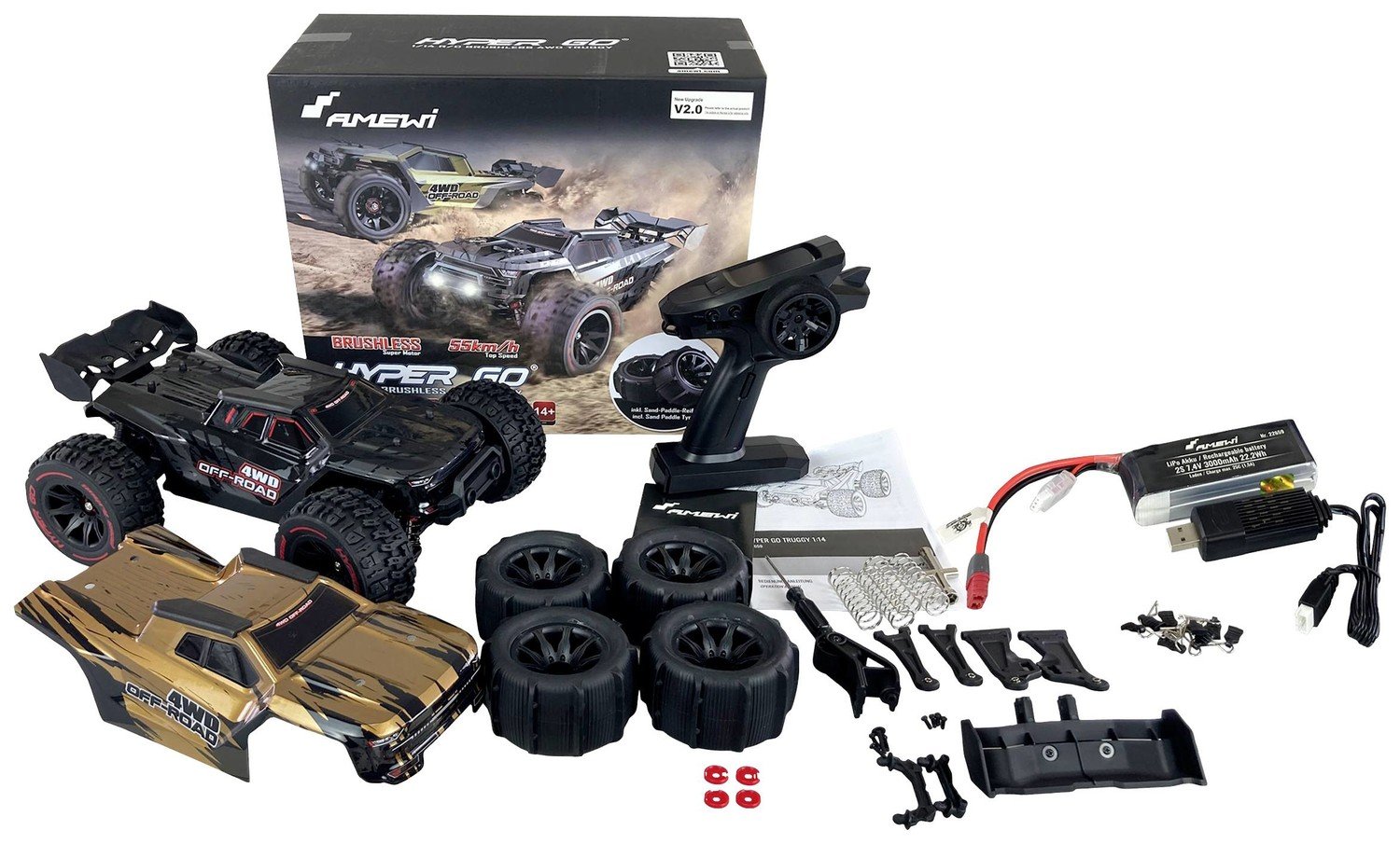 Amewi Hyper GO černá, zlatá střídavý (Brushless) 1:14 RC model auta elektrický Truggy 4WD (4x4) RtR 2,4 GHz