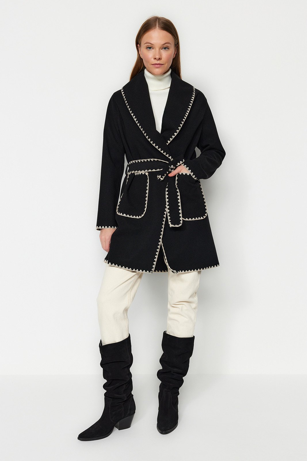 Trendyol Black Embroidery Detailed Belted Long Coat