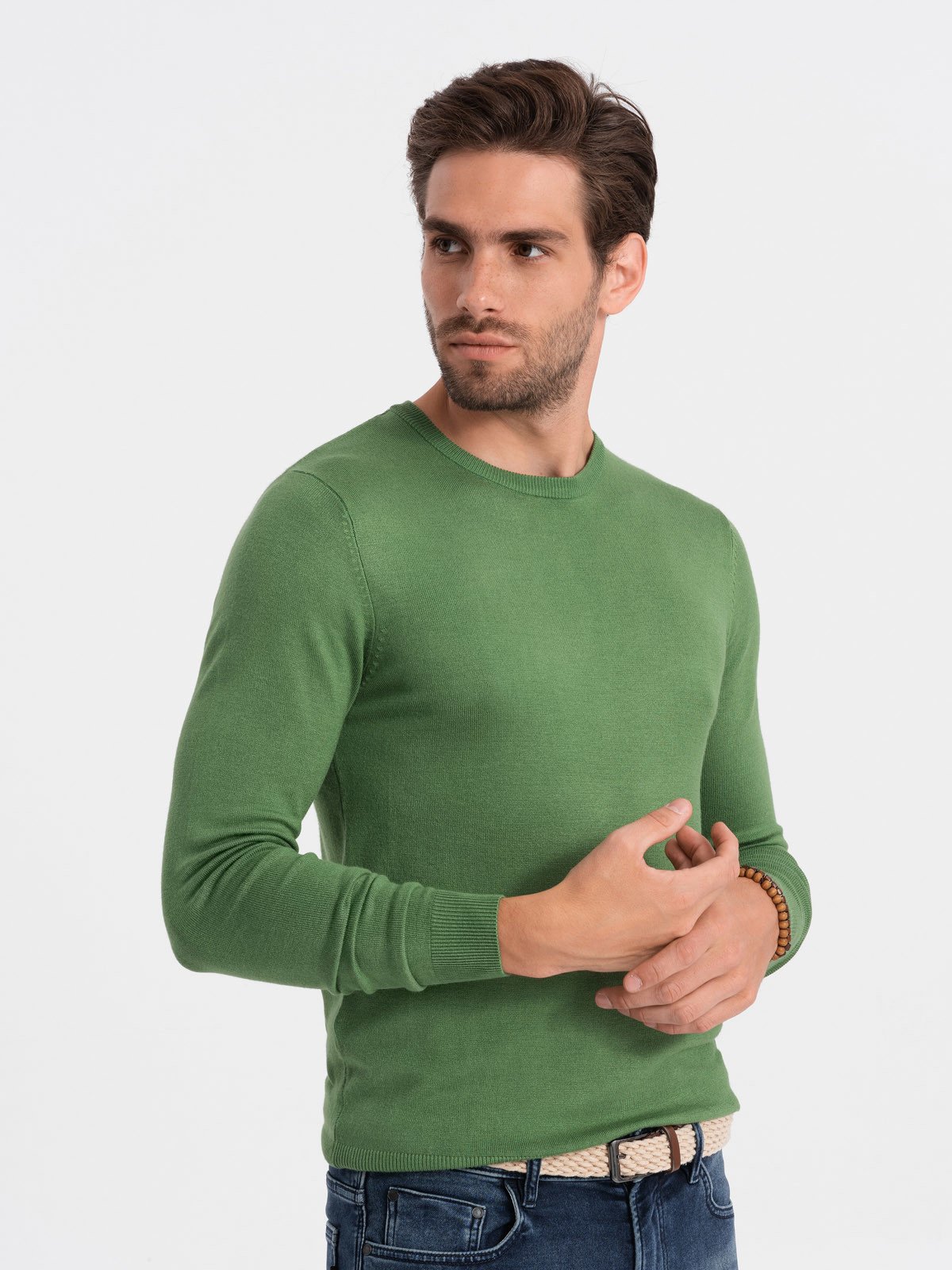 Classic men's sweater with round neckline - green V13 OM-SWBS V13 OM-SWBS - 0106