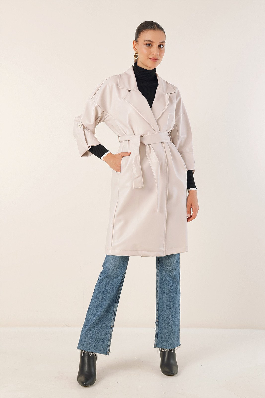 Bigdart 1034 Belted Faux Leather Trench Coat - Ecru