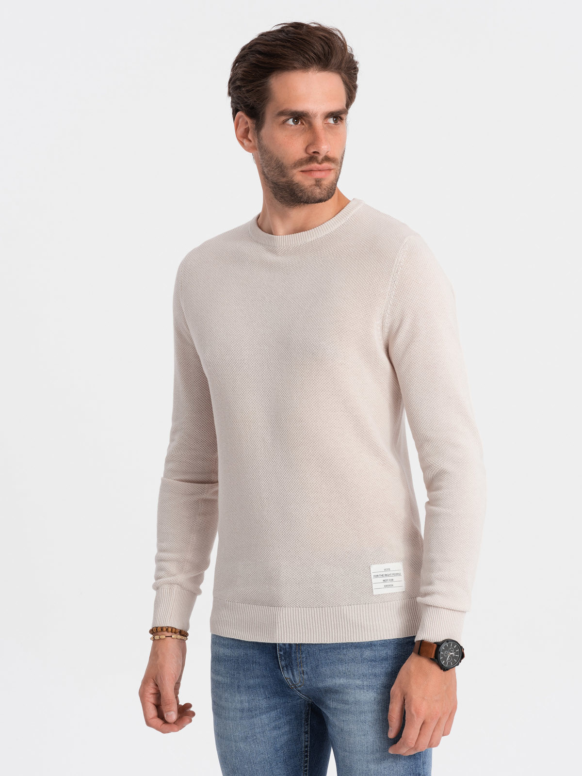 Men's textured sweater with half round neckline - beige V6 OM-SWSW V6 OM-SWSW - 0104