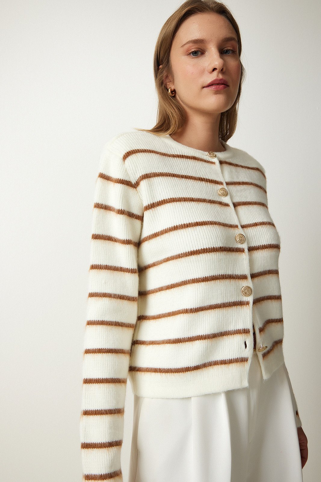 Happiness İstanbul Women's Bone Brown Stylish Buttoned Striped Knitwear Cardigan