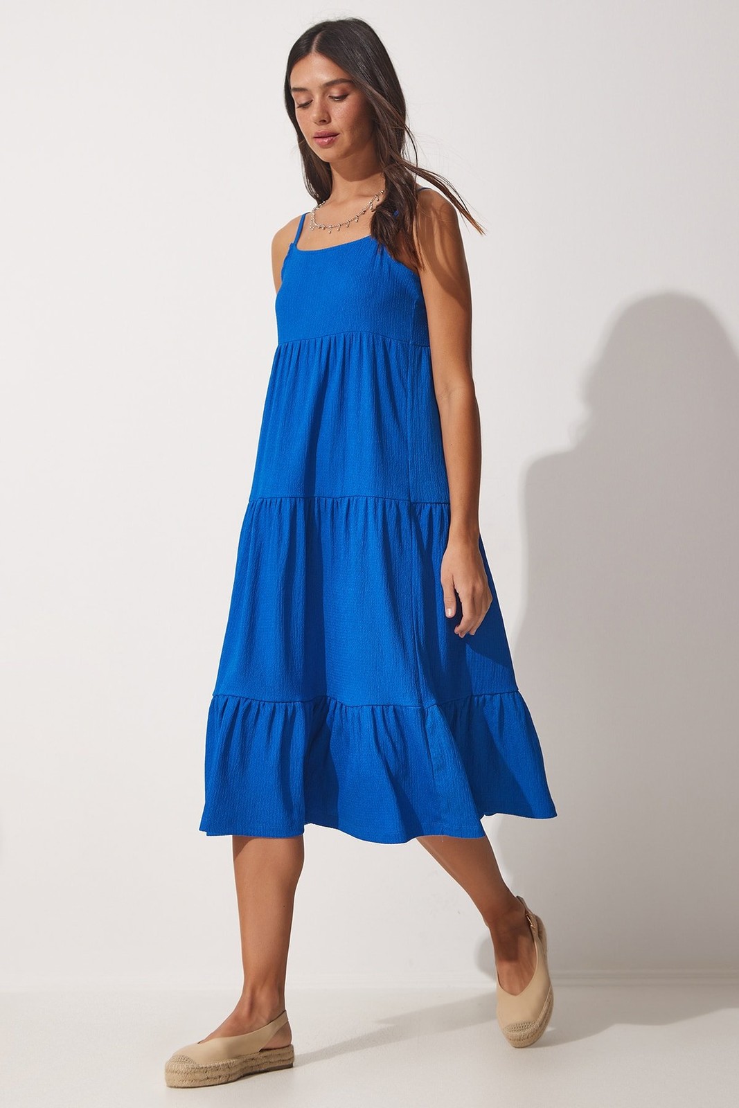 Happiness İstanbul Women's Blue Halter Pleats Summer Knitted Dress