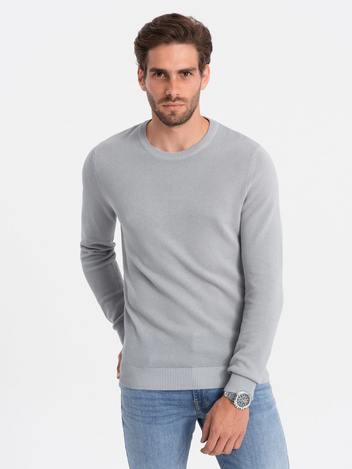 Men's textured sweater with half round neckline - light grey V5 OM-SWSW V5 OM-SWSW - 0104