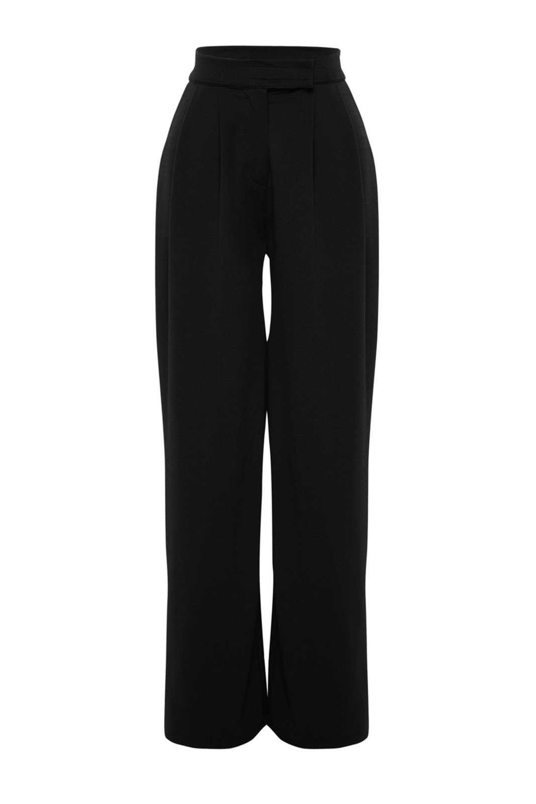 Trendyol Black High Waist Pleated Wide Leg Knitted Pants with Velcro Belt