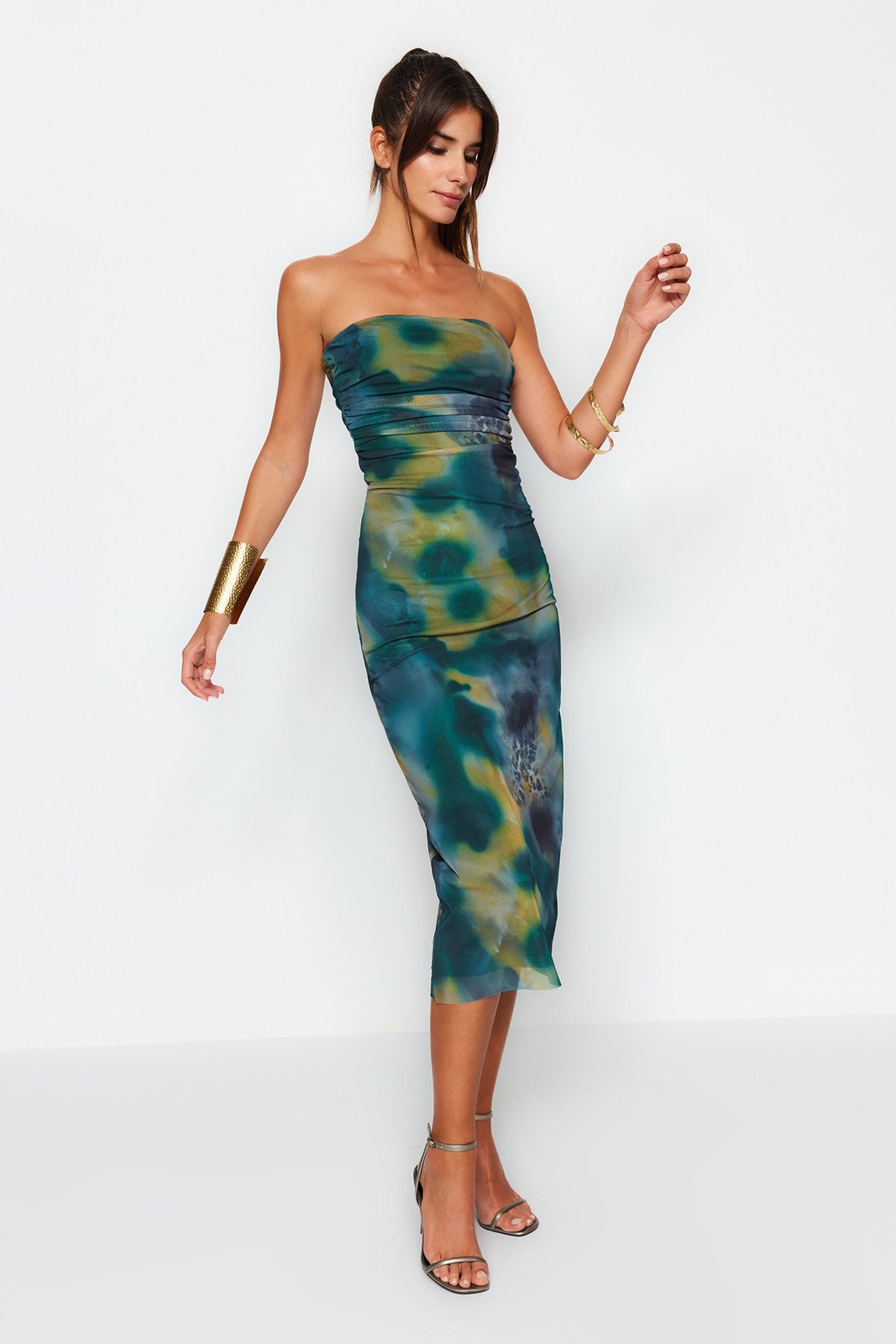 Trendyol Multi Color Fitted Midi Tulle Knitted Dress